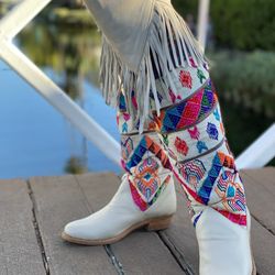 Over The Knee White Leather Fringe Boots