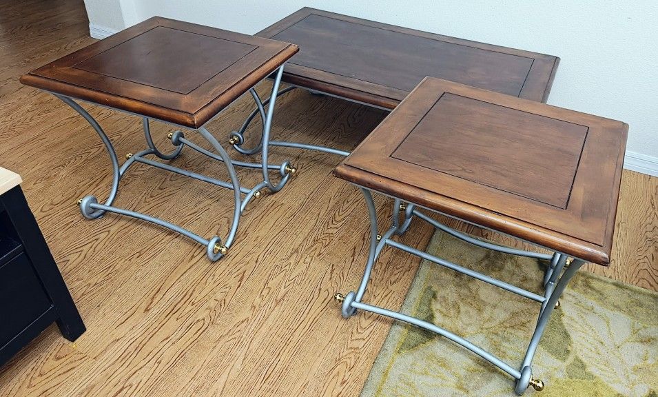 Brown Silver Metallic Heavy Sturdy Metal Rectangular Coffee Table + Pair Square End Side Tables Set