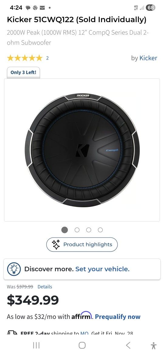 Kicker COMP Q 12" Subwofer In Ported Box.