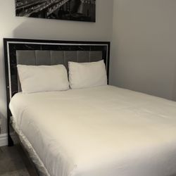 Queen Size Glam Bed Frame - Black with Silver Glitter Trim & Gray Upholstered Headboard Set