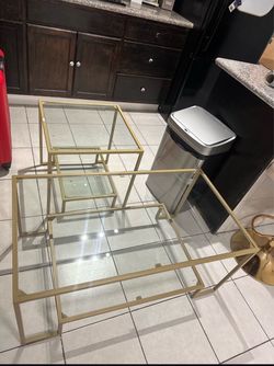 Gold Metal and Glass Coffee Table Set