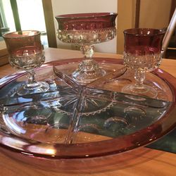 Vintage Kings Crown Five Part Relish, Compote And Two Wine Glasses