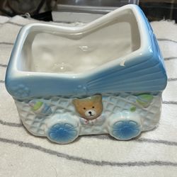 Vtg Royal Copley Baby Carriage Plantar Teddy Bear And Chic