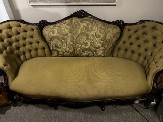 Victorian Style Carved Wood Tufted Sofa