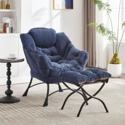 Lounge Chair with Ottoman, Armrests, and Side Pocket, Navy Blue
