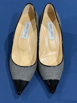 Jimmy Choo Grey Wool Black Patent Pointed Toe Flats