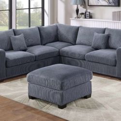 ✅️✅️ 4pc for grey corduroy fabric upholstered sectional sofa with ottoman ✅️✅️
