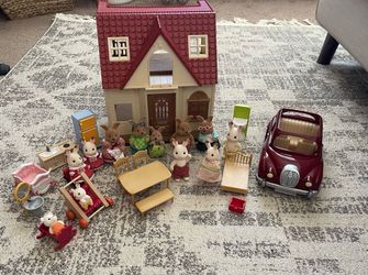 Vintage Sylvanian Families Calico Critters Red Roof Cozy Cottage, Car, furniture and Rabbits