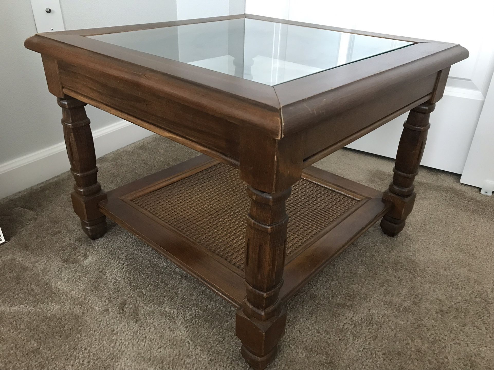 Vintage square coffee table with woven cane and glass