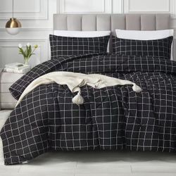 Andency Black Grid Comforter Set Twin Size (66x90 Inch), 2 Pieces(1 Grid Comforter and 1 Pillowcase), Summer Lightweight Microfiber Down Alternative B