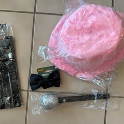 Dress up Costume - Pink Feather Top Hat, Glittery Microphone, Black Bow Tie & Black Suspenders
