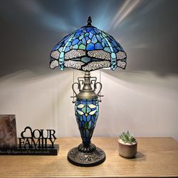 Tiffany Style Table Lamp Blue Stained Glass Dragonfly 22”H