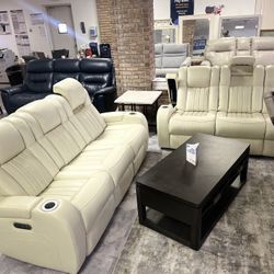 Leather White Sofas Dual Power Recliner With Drop Down Console - Wireless Charger 