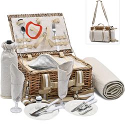 New 17 Pcs Picnic Basket for 2 with Insulated Liner and Waterproof Picnic Blanket Wine Pouch, Large Wicker Picnic Hamper for Camping(read Description 