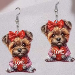 Charming Red Bow & Heart Dog Dangle Earrings Fashion Jewelry For Women Perfect Valentine's Day Gift
