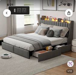 Gray Upholstered Platform Bed with Storage Drawers
