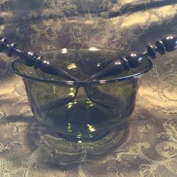 Green Glass Salad Bowl With Serving Utensils 