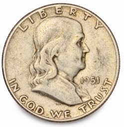 1951 Franklin Half Dollar 90% Silver No Mint Mark Philadelphia Vintage US Coin