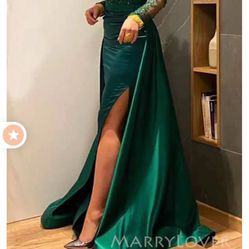 Long Sleeves Mermaid Side Slit Long Evening Prom Dresses, Emerald Green Satin Prom Dress