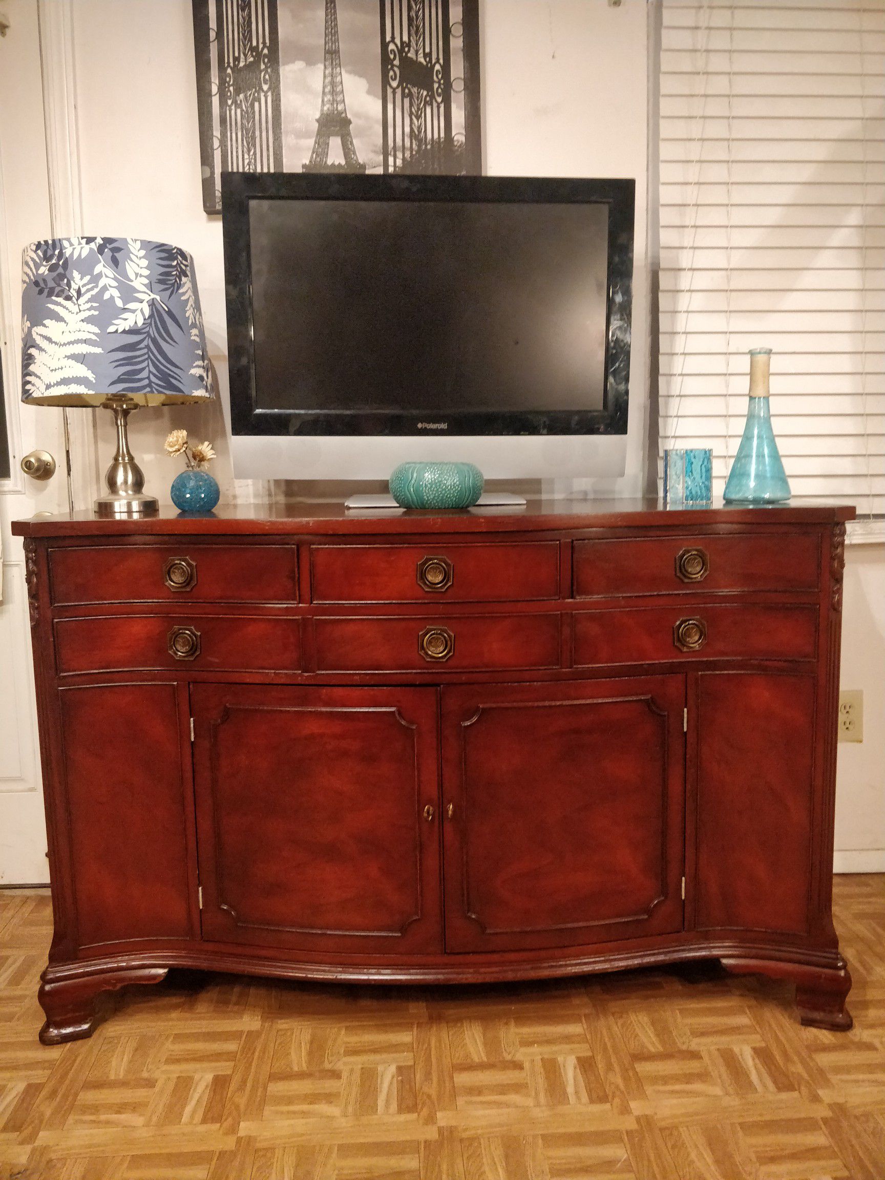 Solid wood MORGANTON buffet/TV stand with drawers, shelves & 2 doors cabinet, all drawers working well dovetail drawers, let me kno