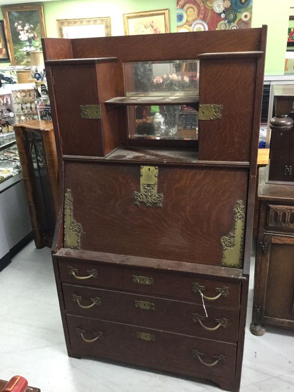 Vintage 1920s Antique Tiger Oak Drop Front Secretary Desk Beveled