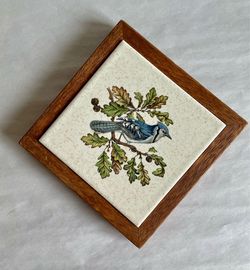 Vintage Wood Framed Ceramic Tile Blue Jay Trivet
