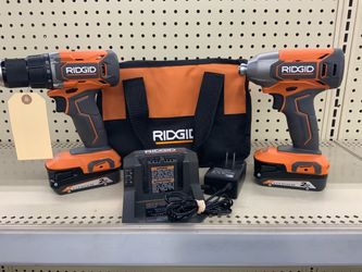 Ridgid 18v 1/2” drill/driver and 1/4” impact kit with 2 batteries, charger and carry case