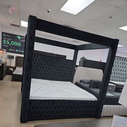 King Black Velvet Canopy Bed Frame 