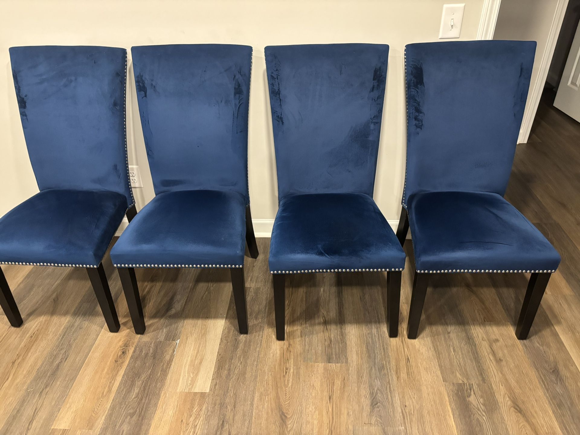 Four Blue Velvet Upholstered Dining Chairs
