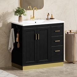 36 inch Bathroom Vanity with Sink, Modern Bathroom Sink for Bathroom with Integrated Ceramic Countertop, Adjustable Shelves, 2 Soft Closing Doors & 3 