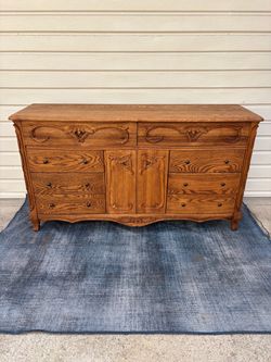 Carved Oak Chest of Drawers - Triple Dresser