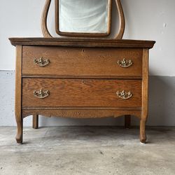 Solid Oak Antique Dresser with Mirror – 2 Drawer Vintage Bedroom Chest