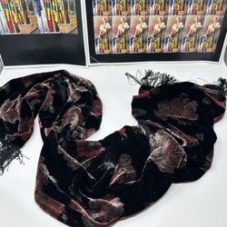 80s Black Silk Scarf with Fringe Velvet Velour Goth Accessories Headscarf Shawl