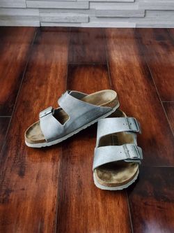 Birkenstock Arizona Metallic Silver Birko-Flor Sandals EU 37 US 6–6.5 Narrow
