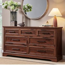Drawer Dresser, Farmhouse Chest of Drawers for Bedroom, 52" Wide Kids Dresser TV Stand with Large Metal Handles, Wood Drawer Organizer for Living Room