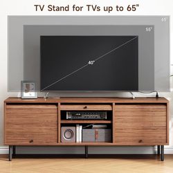 59 Inch TV Stand for TVs up to 65 Inch, Entertainment Center with Power Outlet, Mid-Century Modern TV Console with Storage, Adjustable Shelf & Sliding