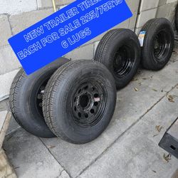NEW TRAILER TIRE 6 LUGS,225/75R15
SALE TIRE AND WHEEL EACH FOR SALE TOGHETER,ESPECIAL FOR TRAILERS ONLY FOR ANY QUESTION TEXT ME PLEASE HABLO ESPAÑOL 