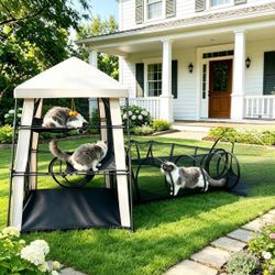 Extra-Large Outdoor Cat Enclosure (Catio) – A combination of pop-up enclosures, tunnels, and tents. Features a three-section main unit (with two conne