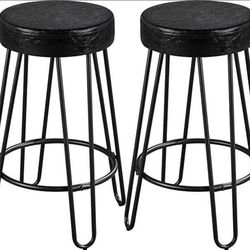 Set Of 2 Black Round Bar Stools Faux Leather Counter/Bar Height Stools，