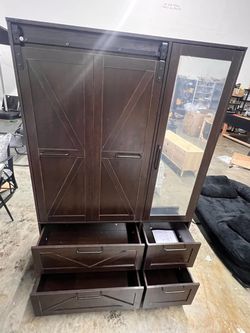 Armoire Wardrobe With W/folding Sliding Barn Door And Sensor Lights