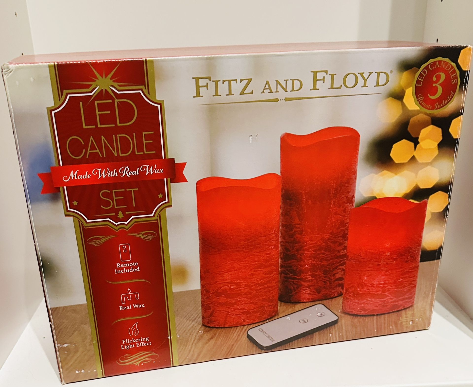 Fitz and Floyd LED FLameless LED 3 Piece Set Red Pillar Candle