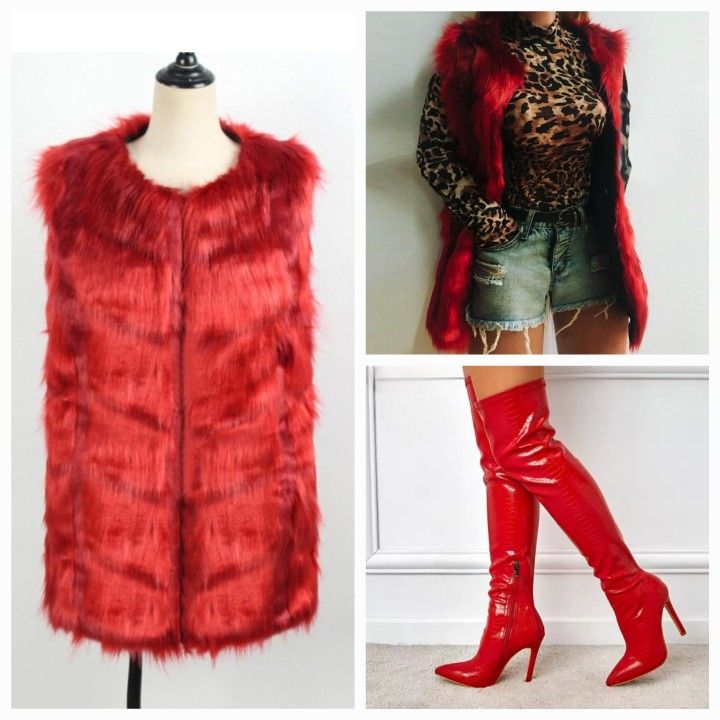 New Red Faux Fur Vest and Red Boots 6.5