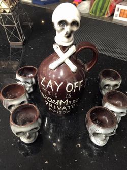 OLD Vintage Little Brown JUG ~Old Man's PRIVATE POISON ~decanter SKULL Lid with 6 shot glasses