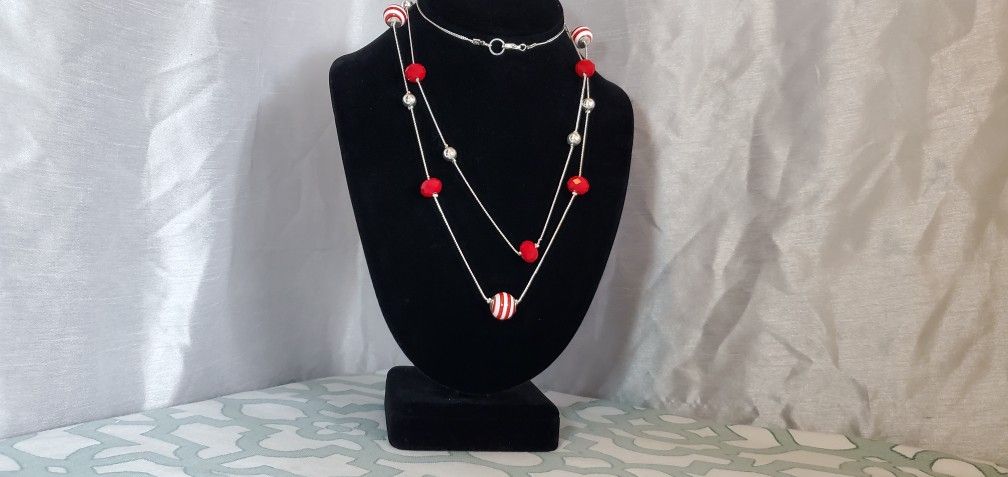 Red And White Striped Station Necklace