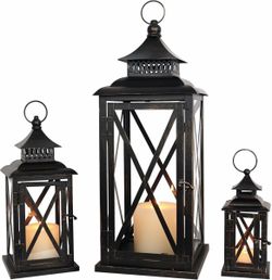 NEW Set of 3 DECORKEY Vintage Candle Lanterns – Black & Gold Distressed Metal
