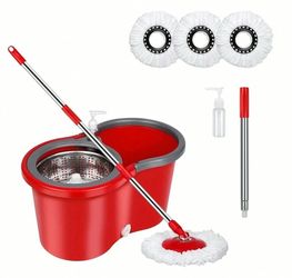 Available only in red color : Spin Mop And Bucket Set, 360° Spin Mop And Bucket With Wringer Set And 3 Microfiber Mop Refills, Stainless Steel 61" Ext