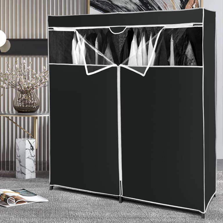 Portable Clothing Wardrobe W/ Non-Woven Fabric Cover, Dustproof, Sturdy Steel Frame