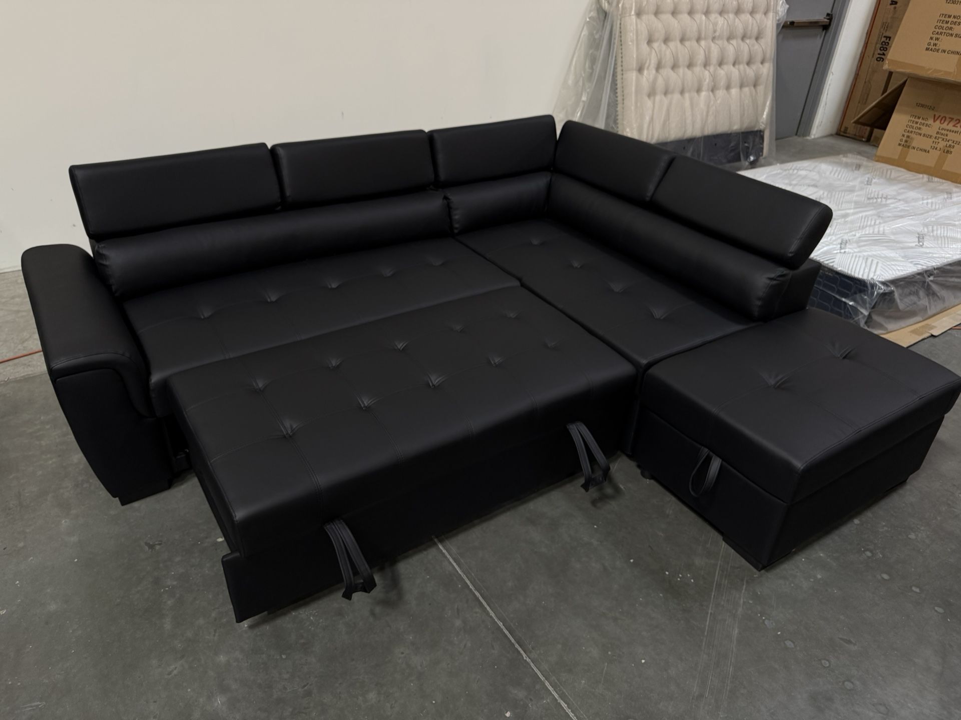 New! Contemporary Black Sectional, Black Faux Leather Sofa, L-Shaped Sofa With Pull-out Bed, Sofabed, Sectional Sofa Bed, Black Couch, Leatherette Sof