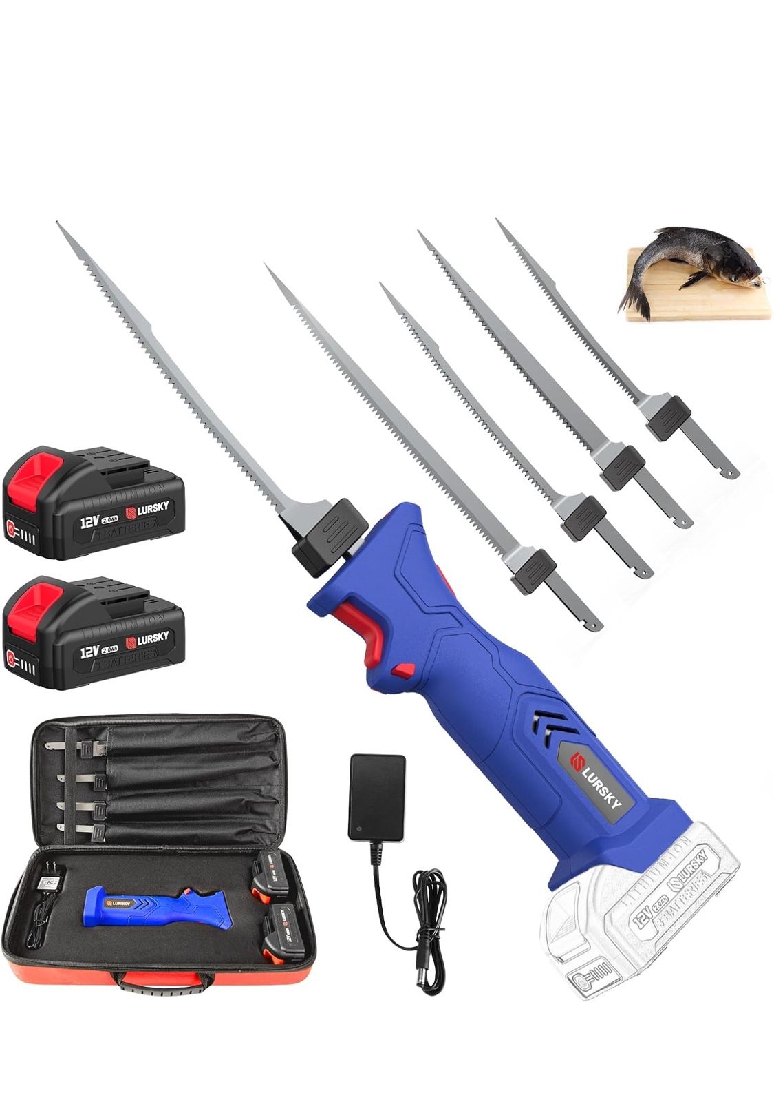 Electric Fillet Knife Cordless Rechargeable Fishing Knife with 4 Titanium Plating Stainless Steel Blades, 12V High Torque Motor with 2 2.0Ah Batteries