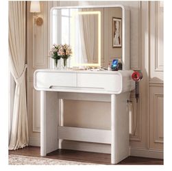 Vanity Makeup Desk with Lights & 3-Sided Foldable Mirror, Elegant Bedroom Dressing Table with Charging Station, Hair Dryer Holder & Storage Shelves, S